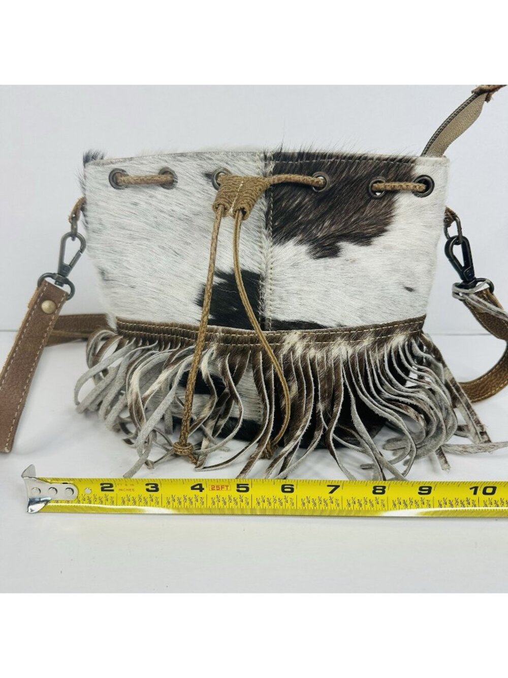Myra Bag Hairon Crossbody Bag w/ Fringe Western Wear Cowhide Leather Brown White